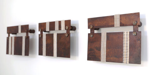 Minute, 2020, Cotton, Rusted Steel Rusted steel frames with handwoven fabric. Wall hanging.